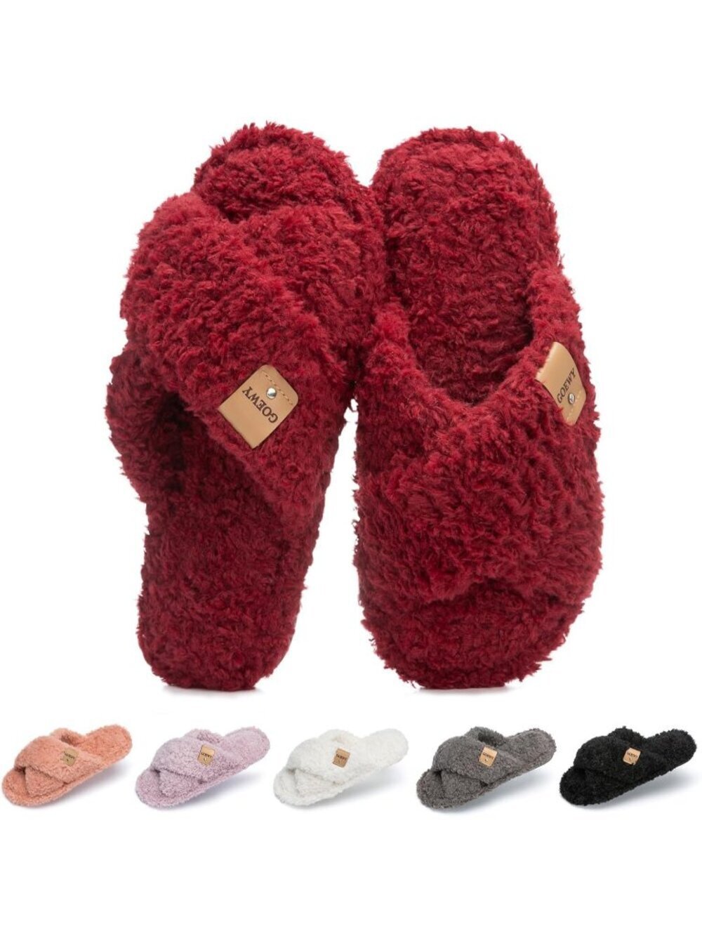 Women's Wine Red Cozy Cross Band Indoor and Outdoor Fuzzy Open Toe Slipper Shoes